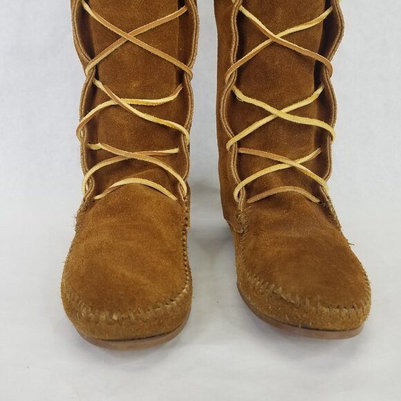 Minnetonka Knee High Boot Womens 7 Moccasins Fringe Front Lace Leather Brown USA - Picture 2 of 16